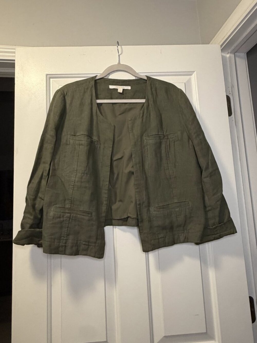 Olive Linen Collarless Jacket